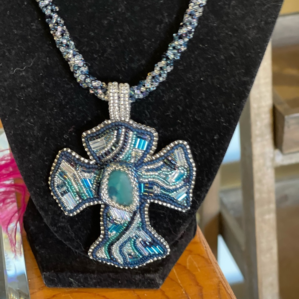 Hand beaded cross necklace leather back